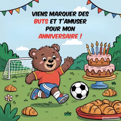 Invitation anniversaire avec un ours souriant joue au foot près d'un gâteau et de croissants, avec un but en arrière-plan.