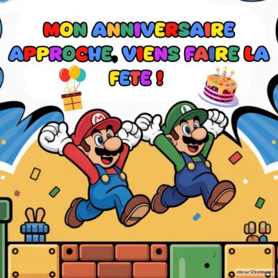 Invitation anniversaire avec Mario et Luigi sautant joyeusement, accompagnés de ballons et d'un gâteau.