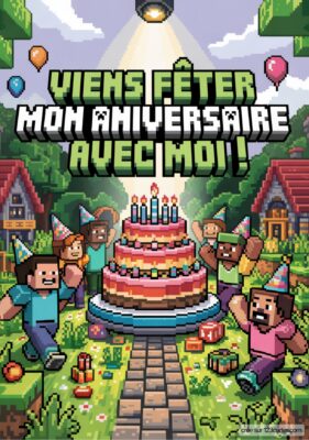 Invitation anniversaire minecraft avec un gâteau festif, des personnages joyeux en fête et des décorations de jardin.