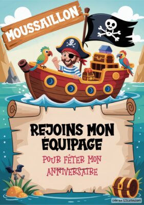 Invitation anniversaire pirate avec un capitaine sur un bateau, encourageant à rejoindre son équipage pour la fête.