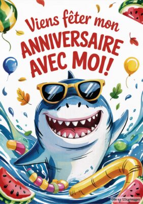 Invitation d'anniversaire illustrée avec un requin joyeux, des ballons et des fruits d'été, incitant à la fête.