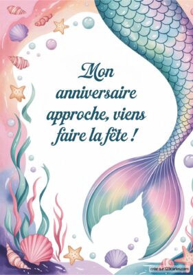 Invitation d'anniversaire avec sirène, coquillages et éléments marins pour une fête sous le thème aquatique.