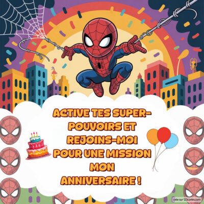 Invitation d'anniversaire avec Spider-Man, texte dynamique et décor festif sur fond coloré et citadin.