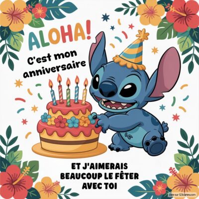 Invitation d'anniversaire avec Stitch, gâteau festif et fleurs tropicales, texte joyeux 