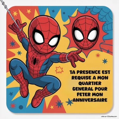 Invitation d'anniversaire avec Spider-Man, texte demandant ta présence pour célébrer un événement spécial.