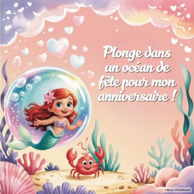 Invitation d'anniversaire sous-marine avec une sirène joyeuse et un crabe, décorée de cœurs et d'éléments marins.