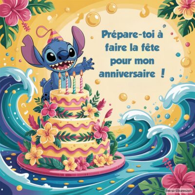 Invitation d'anniversaire joyeuse avec un gâteau, des fleurs et Stitch célébrant sur une plage tropicale.