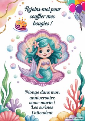 Invitation d'anniversaire coquillage avec sirène, gâteau et ballons, invitant à une célébration aquatique joyeuse.