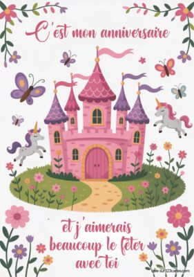 Invitation d'anniversaire avec un château rose, des licornes et des papillons entourés de fleurs colorées.