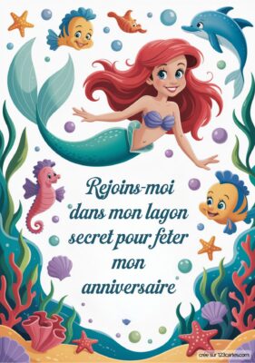 Invitation d'anniversaire ariel la sirène, poissons et coraux, invitant à célébrer un anniversaire spécial.