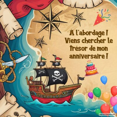 Invitation anniversaire pirate avec un navire, un trésor et des décorations festives pour célébrer.