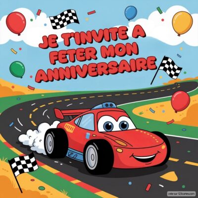 Invitation d'anniversaire avec une voiture de course joyeuse sur une route, des ballons et des drapeaux à damier.