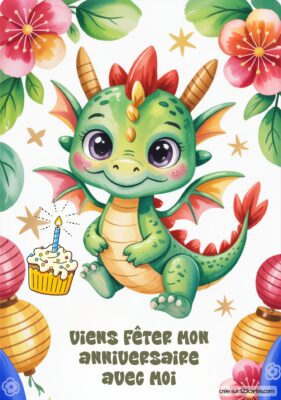 Invitation d'anniversaire avec un dragon mignon, un gâteau et des lanternes, entourée de fleurs et d'étoiles.