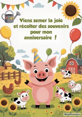 Invitation d'anniversaire joyeuse avec un cochon souriant entouré d'animaux de ferme et de fleurs, invitant à célébrer ensemble.