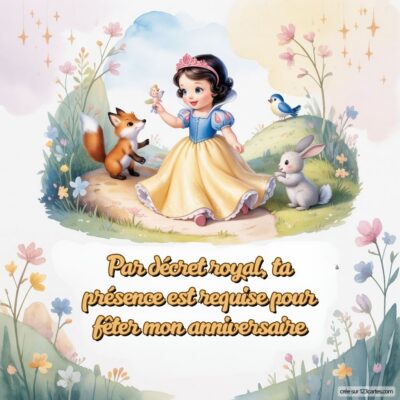 Invitation d'anniversaire avec une princesse, un renard et un lapin. Texte : « Ta présence est requise pour fêter mon anniversaire. »