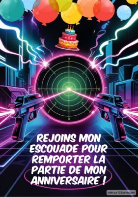 Invitation d'anniversaire avec un gâteau et des ballons, illustrée de pistolets laser et d'un radar futuriste.