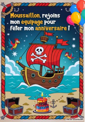 Invitation d'anniversaire avec un bateau pirate, un gâteau et des coffres au trésor, invitant les moussaillons à célébrer.