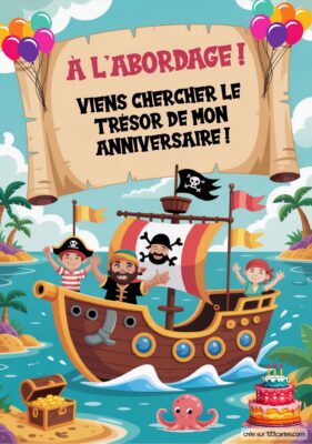 Invitation d'anniversaire avec des pirates sur un bateau, cherchant un trésor. Texte : 