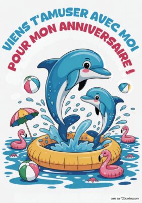 Invitation d'anniversaire avec deux dauphins sautant dans l'eau, entourés de jouets aquatiques et d'un parasol.