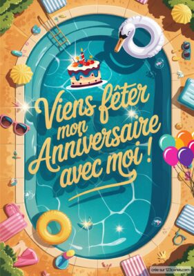 Invitation d'anniversaire : texte sur fond de piscine, gâteau décoré et accessoires d'été. Venez célébrer avec moi !