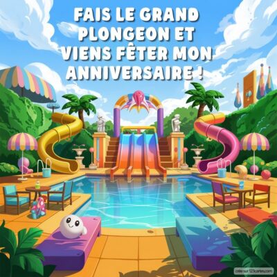 Invitation à un anniversaire avec une piscine, toboggans, palmiers et décorations festives. Texte : 