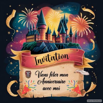 Invitation à un anniversaire avec un château, des feux d'artifice et des confettis. Rejoignez-moi pour fêter cette occasion !