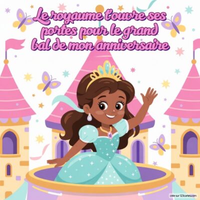Invitation d'anniversaire avec une princesse souriante, devant un château, annonçant un grand bal. Textes festifs en arrière-plan.