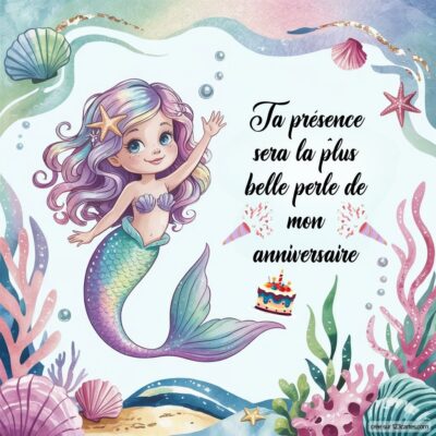 Invitation d'anniversaire avec une sirène souriante, entourée de coquillages, annonçant l'importance de votre présence.