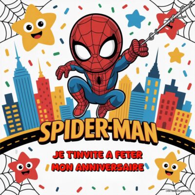 Invitation d'anniversaire avec Spider-Man, immeubles en arrière-plan et étoiles souriantes. Texte : 