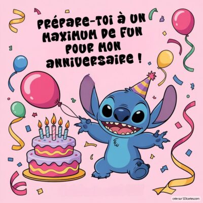 Invitation d'anniversaire avec Stitch, un gâteau animé, des ballons et des confettis. Texte : 