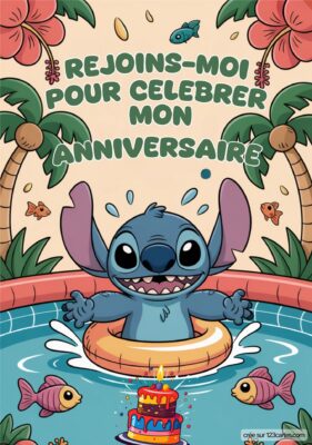 Invitation d'anniversaire avec Stitch dans une piscine entouré de palmiers et un gâteau coloré flottant à côté.