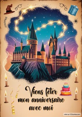 Invitation d'anniversaire avec un château magique, des étoiles brillantes et un gâteau. Texte : « Viens fêter mon anniversaire avec moi ».
