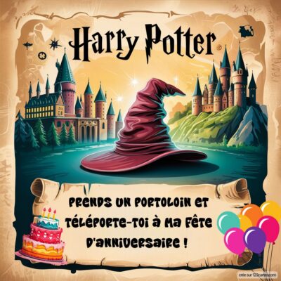 Invitation d'anniversaire sur le thème de Harry Potter, inclut un chapeau magique et un gâteau avec des ballons.
