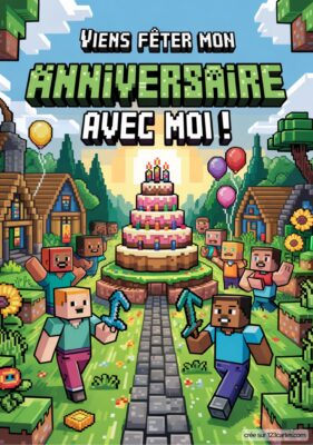 Invitation d'anniversaire avec des personnages de jeu Minecraft, gâteau à plusieurs étages et ballons dans un environnement pixelisé.