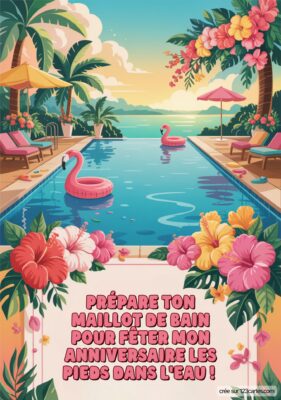 Invitation d'anniversaire pour une fête au bord de la piscine avec des flamants roses et des fleurs tropéziennes.