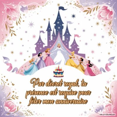 Invitation d'anniversaire avec un château et des princesses, indiquant : 