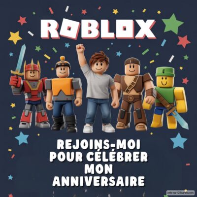 Invitation d'anniversaire avec des personnages de jeux vidéo Roblox. Texte : 