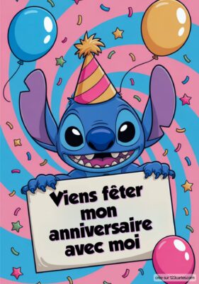 Invitation d'anniversaire avec Stitch tenant une pancarte : 
