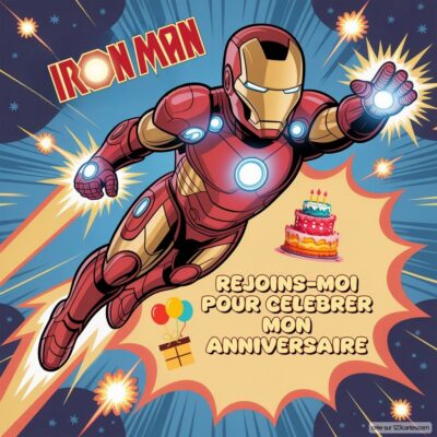 Invitation d'anniversaire avec Iron Man volant vers la fête, gâteau et ballons. Texte : 