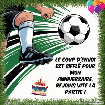 Invitation d'anniversaire sur le thème du football, avec un joueur en action et un gâteau festif en bas à gauche.
