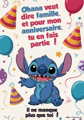 Invitation d'anniversaire avec Stitch et un message sur l'importance de la famille. 