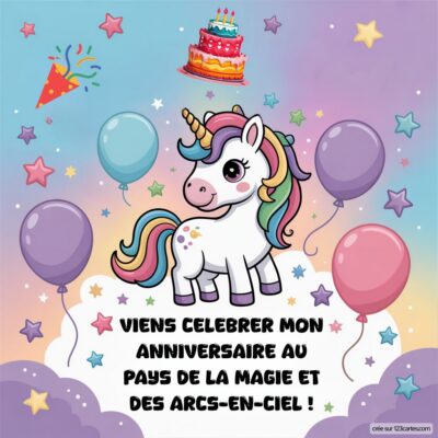 Invitation d'anniversaire illustrée d'une licorne joyeuse, ballons et gâteau dans un décor magique et festif.
