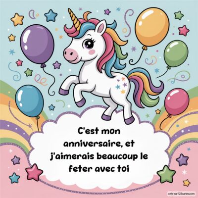 Invitation d'anniversaire avec une licorne joyeuse, des ballons et des étoiles, invitant à la célébration.