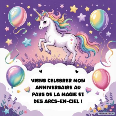 Invitation d'anniversaire avec une licorne et des ballons sur fond féerique. Texte : 