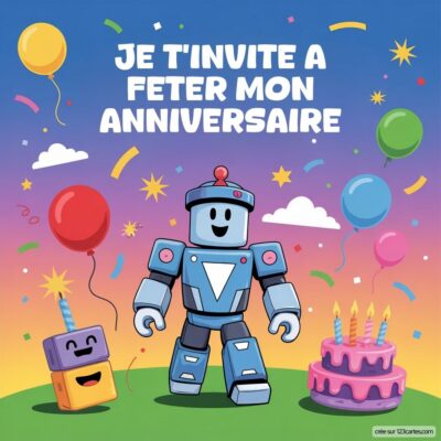 Invitation d'anniversaire avec un robot souriant, un gâteau et des ballons, sur fond festif. Texte : 