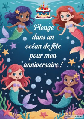 Invitation d'anniversaire avec des sirènes joyeuses, un gâteau festif et des motifs marins. Texte: 