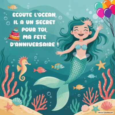 Invitation d'anniversaire avec une sirène joyeuse, des poissons, un gâteau et des ballons flottants. Écoute l'océan !