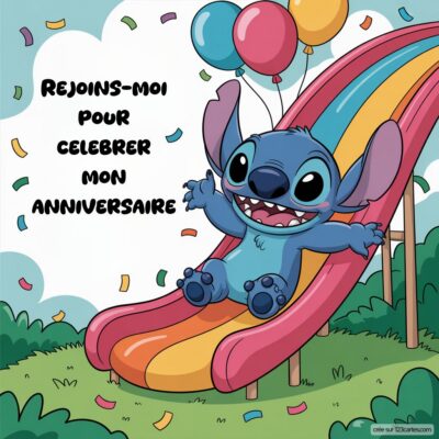 Invitation d'anniversaire avec Stitch sur un toboggan, tenant des ballons et entouré de confettis. Texte : 