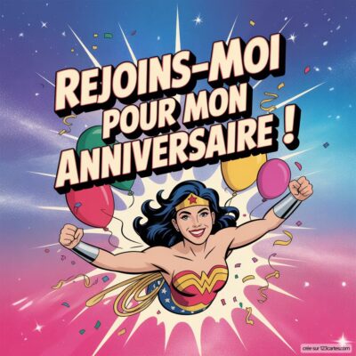 Invitation d'anniversaire virtuelle pour enfants sur le thème Wonder Woman, avec des ballons et un fond coloré.