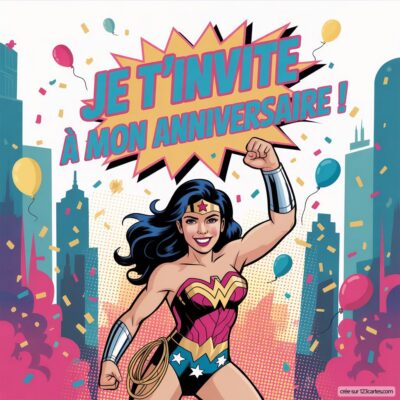 Invitation d'anniversaire virtuelle pour enfants sur le thème de Wonder Woman, avec des ballons colorés et des bâtiments en arrière-plan.